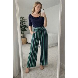 Emma & Michele Jumpsuit Women L Navy Green Cowl Neck Striped Wide Leg Belted Mod